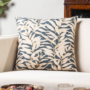 Willow Leaves Cushion Cover in Navy Blue. Organic Linen-Blend Fabric. Botanical Nature-Inspired Print. 17x17&quot; Cover
