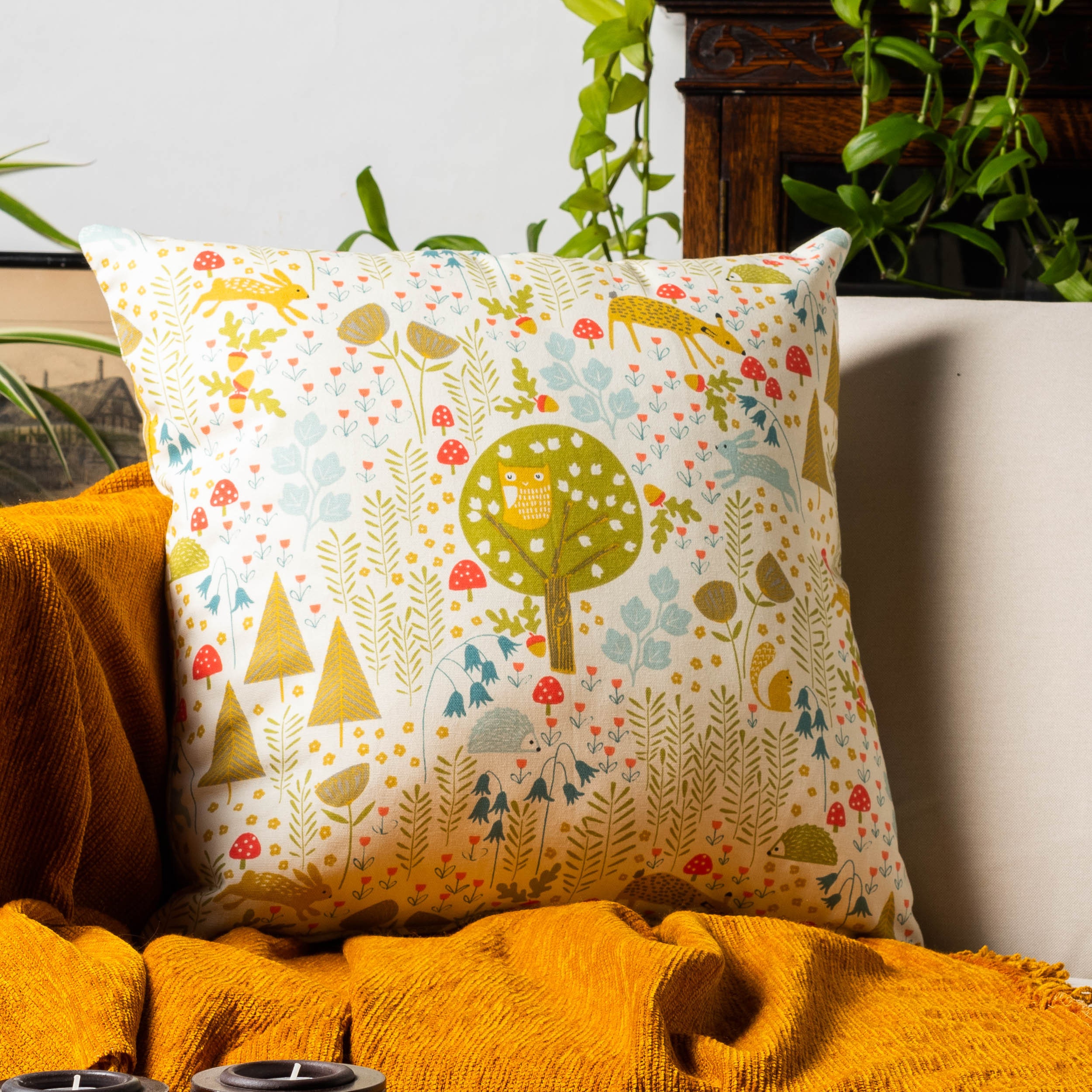 Scandi Forest Cushion Cover. Multicoloured Woodland Forest Owls, Hedgehogs & Deers. 100% Cotton 