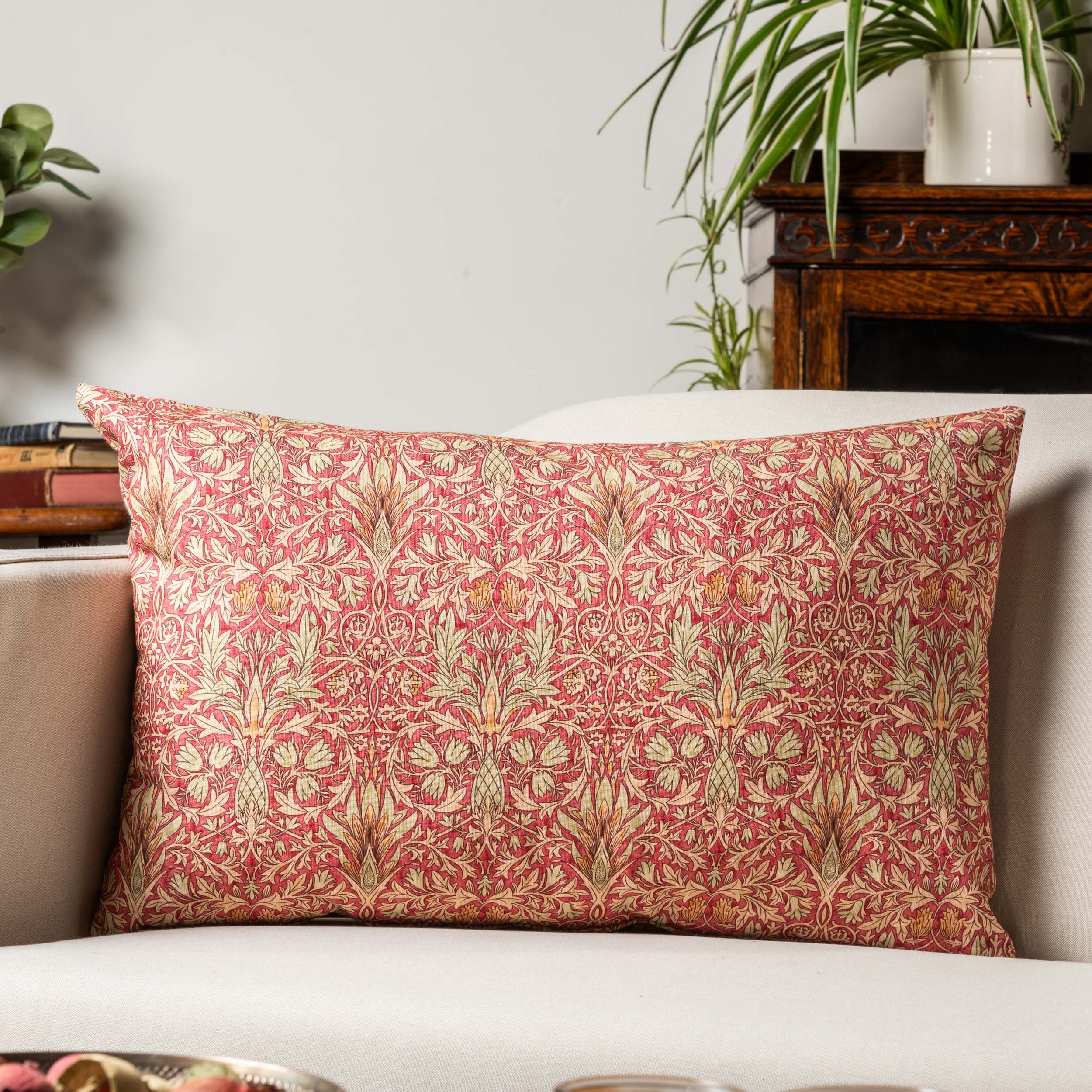William Morris Snakeshead XL Rectangular Cushion in Red. Traditional Floral Motif and Botanical Design. 23x15" XL Rectangle Cover