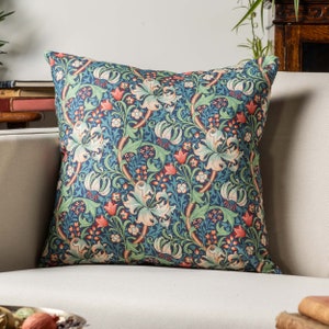 William Morris Golden Lily Cushion in Sapphire Blue. Vintage Arts & Crafts Style Botanical and Floral Print. 17x17&quot; Square Cover
