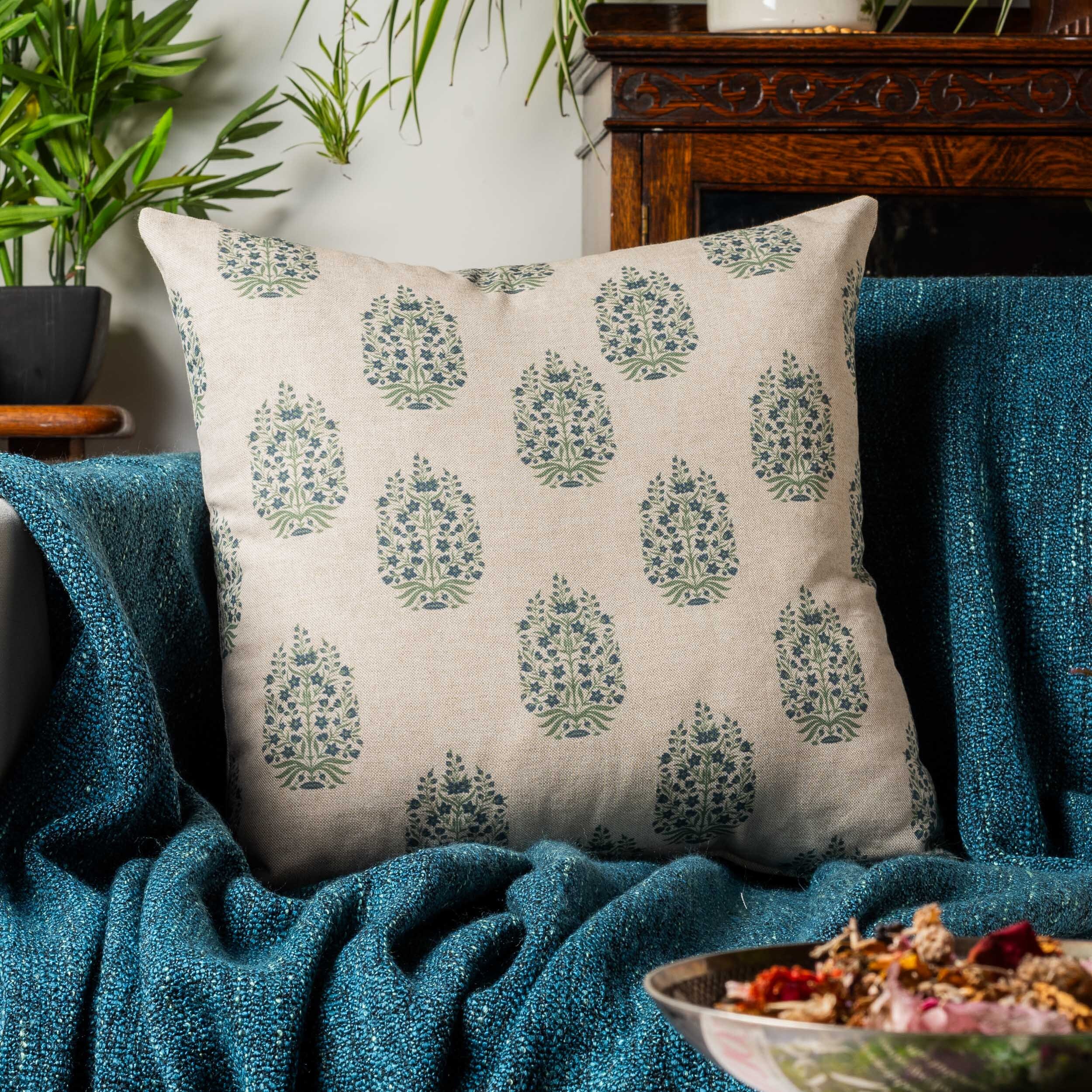 Apple Grove Linen Effect Cushion Cover in Indigo Blue & Green. Nature Inspired Geometric Trees and Blossom Print. 17x17" Square Cover