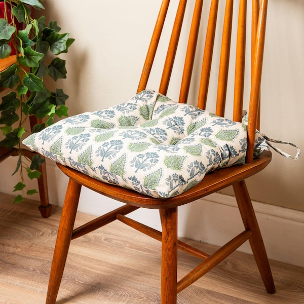 Cotswold Countryside Motif Quilted Seat Pad in Blue and Green. Cottagecore Luxury Chair Pad with Ties. Deep-Filled & Supersoft. 16x16" x 3"