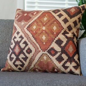 Terracotta Kilim Turkish Style Printed Extra-Large Cushion. Double Sided. 23" XL Square Pillow. Rust Coloured, All-Natural Linen-Blend Cloth