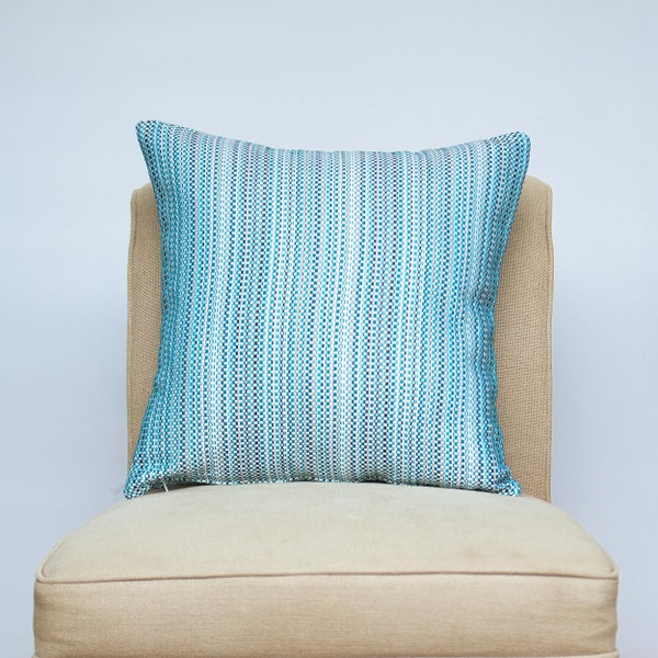 Textured Stripe Outdoor Cushion in Blue. Nautical Inspired Marine Design. Outside Home Accessory for Beachuts, Patios & Gardens. 17x17" sq