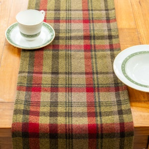 May include: A red, green and brown plaid table runner with a subtle woven texture. The runner is on a wooden table with a white teacup and saucer and a white plate with a green rim.