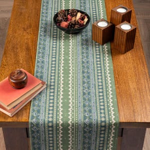 May include: A wooden table displays a green and blue patterned table runner. A black bowl filled with pine cones and potpourri sits on the runner. Three wooden candle holders with lit candles and a stack of books with a wooden container are also on the table.