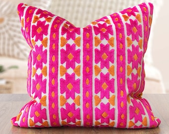 Kashan Geometric Cut Velvet Cushion. Bright Pink & Burnt Orange Triangular Geometric Pattern. 17x17" Cushion Cover