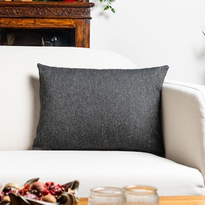 May include: A dark grey rectangular cushion with a herringbone weave pattern sits on a white sofa. The cushion's colour contrasts with the sofa, creating a striking accent. The cushion is a decorative element for home decor, measuring approximately 40cm x 60cm.