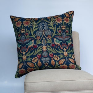 Manor Garden Tapestry Extra-Large Cushion. Morris Style Heavyweight Tapestry Countryside Botanical Design in Indigo Blue. 23x23&quot; XL Cushion