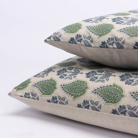 Cotswold Countryside Motif Cushion. Cottagecore Green and Blue Floral Leaf Geometric Botanical Design. 17x17 Square Cushion Cover. Etsy UK