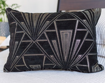 Art Deco Boudoir Cushion. Geometric Black and Silver. Luxury Velvet Chenille. 17x12" (43x30cm) Double Sided. Pillow. 20s and 30s Style.