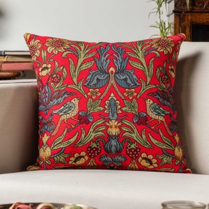 Manor Garden Tapestry Cushion Cover in Scarlet Red. William Morris Inspired Floral and Trailing Leaves Design. 17x17" Square