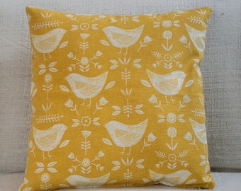 Scandinavian birds cushion. Modern ochre yellow with birds and geometric floral design. 17&quot;x17&quot; Square. Made from 100% Cotton.