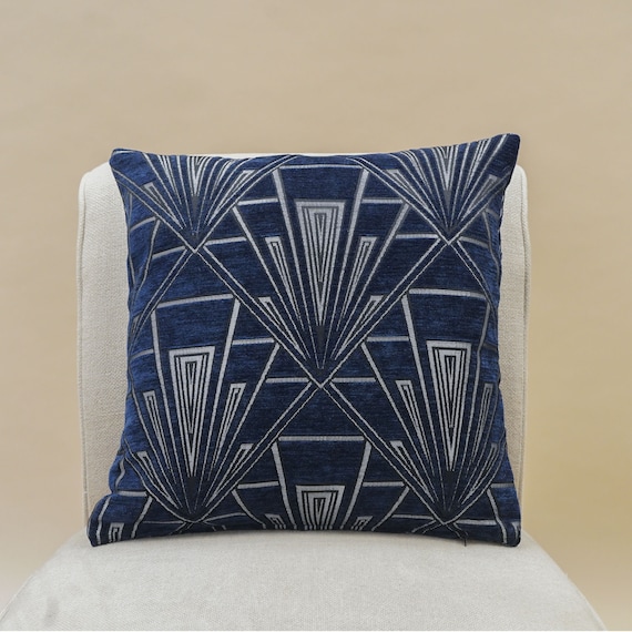 Art Deco Geometric Cushion Cover. Navy Blue and Silver Vintage Design. Luxury Velvet Chenille. 17x17 Square Cushion Cover. Etsy Canada