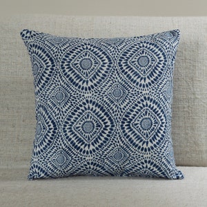 Indigo Blue Batik Cushion. Double Sided 17"x17" Square Pillow Case Cover. Deep denim blue. Indonesian style batik fabric, white background.