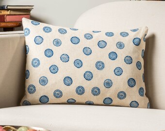 Flower Block Print Linen Blend Boudoir Cushion in Cornflower Blue. Woodblock Floral Design in Blue and White. 17x12" Rectangle Cushion Cover