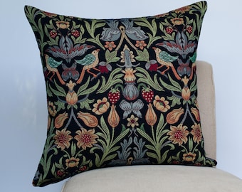 Coussin extra-large en tapisserie de jardin de manoir. Tapisserie lourde de style Morris, motif botanique de campagne en noir. Housse de coussin XL 23x23"