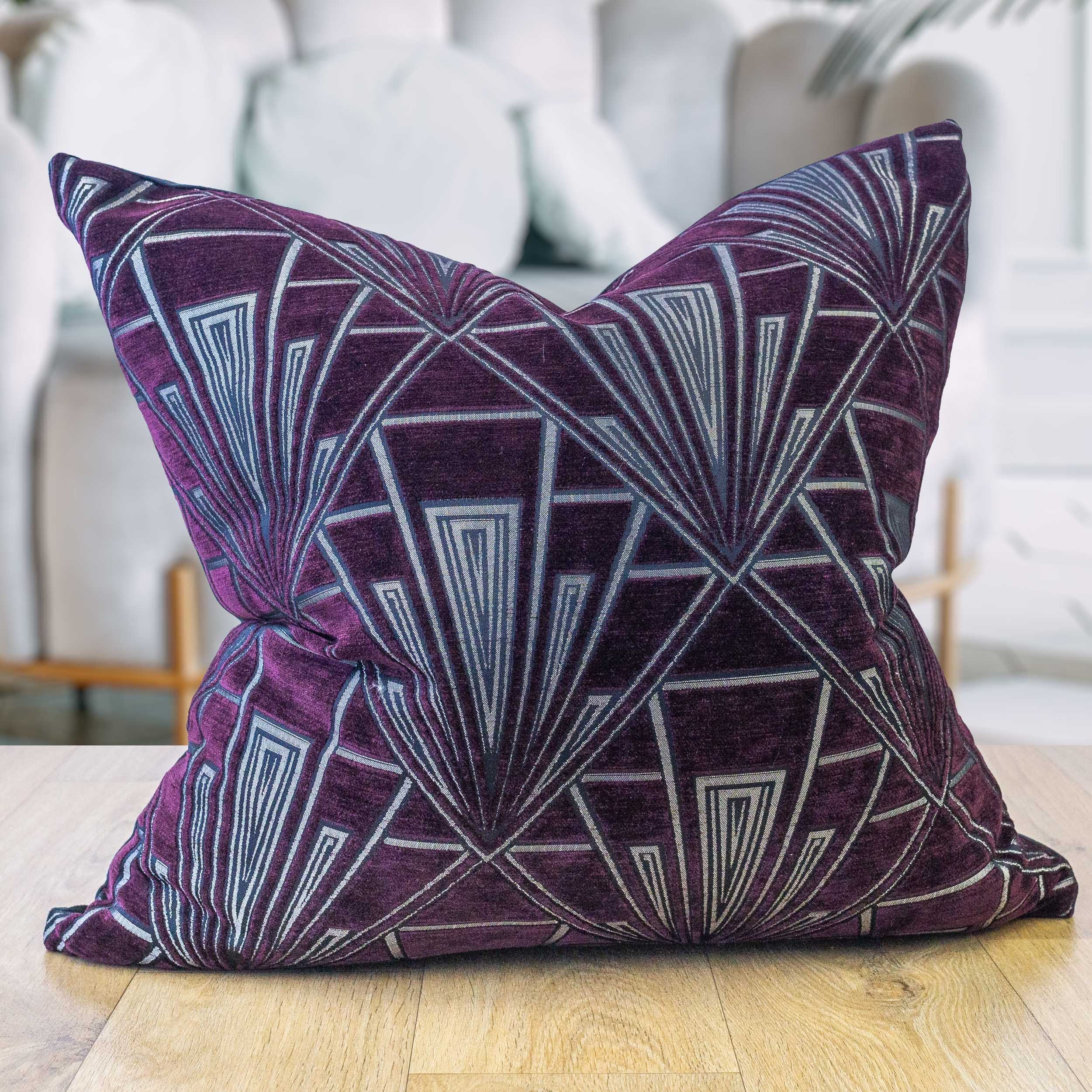 Art Deco Geometric Extra large Cushion. Deep Purple and Silver
