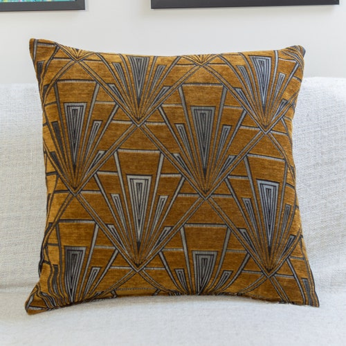 Art Deco Fan Cushion. Teal and Gold. Luxury Velvet Chenille. Etsy UK
