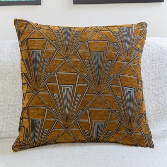 Extra Large Art Deco Cushion. Luxury Velvet Chenille. Silver and Gold.  23x23 Square Floor Pillow. Geometric Bold Design. 