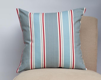 Coastal Stripe Cushion. Classic Nautical Striped Pattern in Soft Marine Blue & Sun Lounger Red. 17x17" Square Cushion Cover