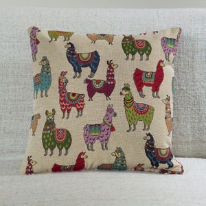 Alpaca Tapestry Double Sided Cushion. 17"x17" Square. Quirky Cute Multicoloured Llama Design. Made from Heavyweight Woven Fabric.