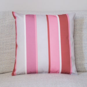 Striped Outdoor Water Repellent Cushion. Double Sided 17x17&quot; Pillow. Pink, Red, Grey Nautical Design. For poolside, beach hut, patio.
