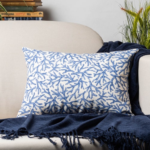 Coral Reef Boudoir Cushion Cover. Botanical and Nautical Inspired Print in Marine Blue & Seafoam White. 17x12" Rectangle