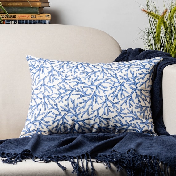 Coussin Traversin Lin Blanc Et Marine, Fait Main, Style Vintage, 18x8 Pouces
