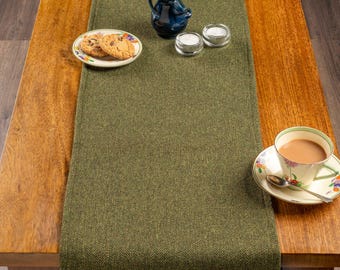 Classic Herringbone Tweed Table Runner in Vintage Green. Classic British Racing Green Check Design. Available in Three Sizes