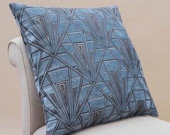 Cuscino extra large geometrico Art Déco. Design vintage blu acciaio e argento. Ciniglia di velluto di lusso. Fodera per cuscino quadrato XL 58x58 cm.