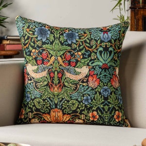 William Morris Strawberry Thief Tapestry Cushion in Black. Vintage Arts and Crafts Style with Birds, Berries and Leaves. 17x17&quot; Square Cover