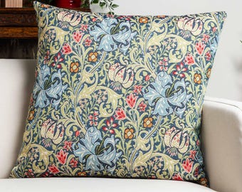 William Morris Golden Lily Tapisserie Extragroßes Kissen in Saphirblau. Vintage Arts & Crafts Botanische und Florale. 58x58 cm XL