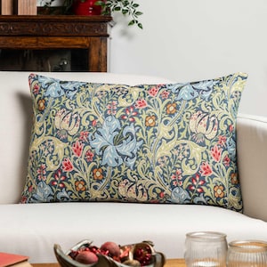 William Morris Golden Lily Tapestry XL Rectangular Cushion in Sapphire Blue. Vintage Arts & Crafts Botanical and Florals. 23x15&quot; XL Cover