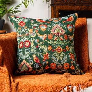 Traditional Style Morris Tapestry Cushion. Vintage Victorian Birds and Trailing Floral Design in Moss Green. 17x17&quot; Square Cushion Cover.