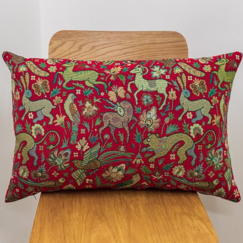 Forest Green Mythical Animals Tapestry Cushion Morris Style 17x17" Square 
