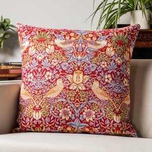 William Morris Strawberry Thief Tapestry Extra-Large Cushion in Red. Vintage Arts and Crafts Style with Birds, Berries & Leaves. 23x23&quot; XL