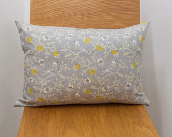 Dainty Songbird Grey and Ochre Yellow Rectangular Boudoir Cushion. 17" x 12" Square Case. Handmade. Contemporary Vintage Style Design.