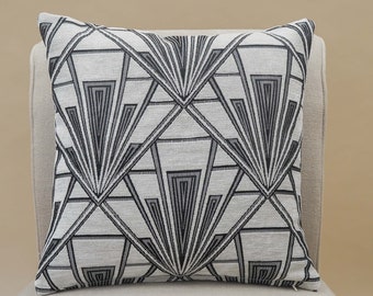 Art Deco Geometric Cushion. Pearl White and Silver Vintage Design. Luxury Velvet Chenille. 17x17" Square Cushion Cover.