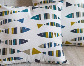 Seaside Sardines Nautical Cushion. Double Sided. 17x17" Square. Green and marine navy blue fish.100% Cotton.