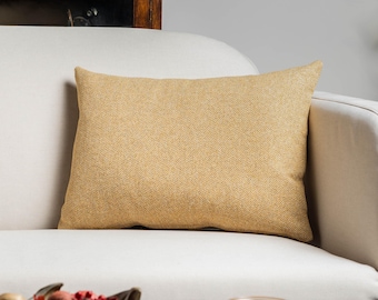 Classic Herringbone Tweed Boudoir Cushion in Summer Yellow. Sunshine Ochre Yellow Traditional Design. 17x12" Rectangle Cushion Cover