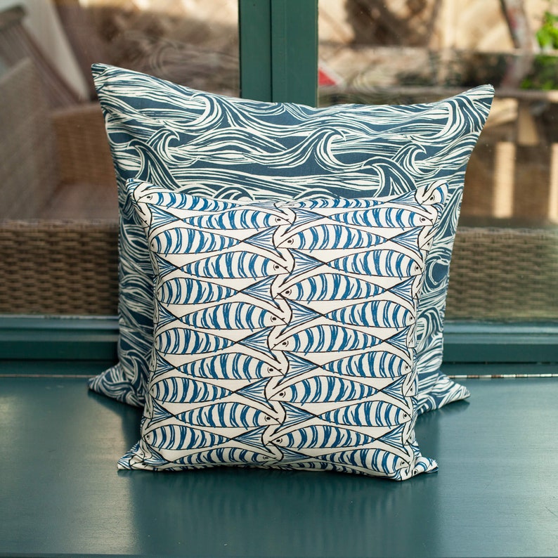 Seaside Fish Nautical Double Sided Cushion Cover. Sardine Design. Navy indigo blue fish against a white background. 17 x 17 Square. image 3