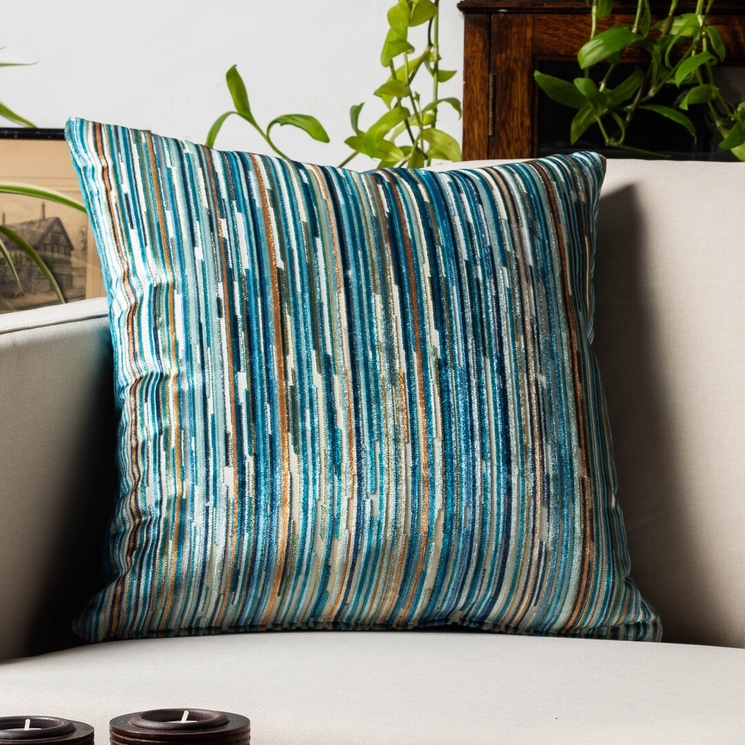 Luxury Velour Stripe Cushion in Teal Blue. Supersoft Luxurious Velvet