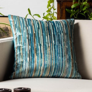 Luxury Velour Stripe Cushion in Teal Blue. Supersoft Luxurious Velvet Chenille Geometric Abstract Striped Design. 17x17" Square Cover