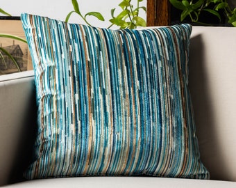 Luxury Velour Stripe Cushion in Teal Blue. Supersoft Luxurious Velvet Chenille Geometric Abstract Striped Design. 17x17" Square Cover