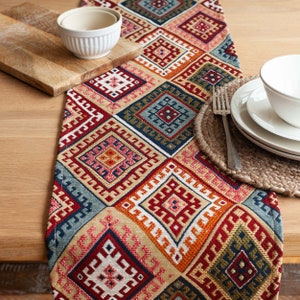 Turkish Kilim Table Runner. Abstract Geometric Ethnic Style Tapestry Table Decoration. Available in Two Sizes.