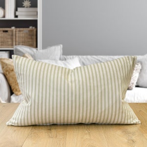 Nautical Cotton Ticking Stripe XL Rectangular Cushion. Nature Inspired Sage Green and Bright White Stripe Design. 23x15&quot; XL Cushion Cover