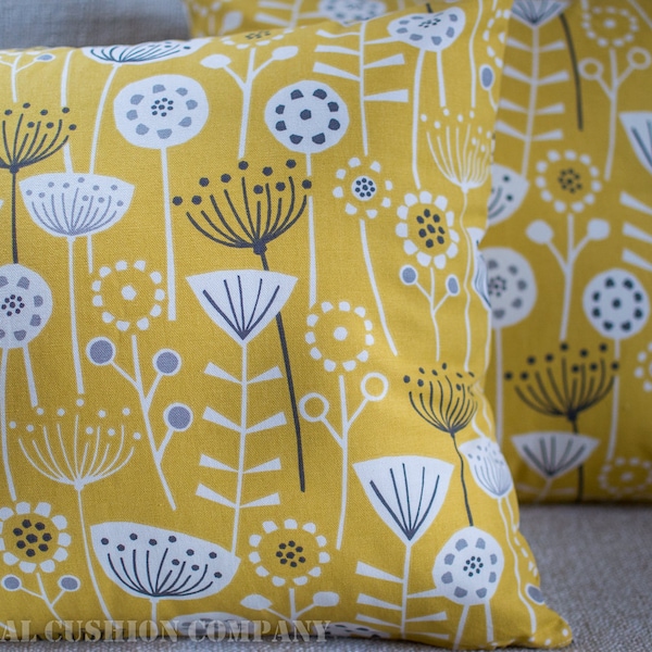 Scandinavian Floral Style Cushion. 100% Cotton 17"x17" Cushion Cover with on trend yellow and grey geometric Scandi floral design