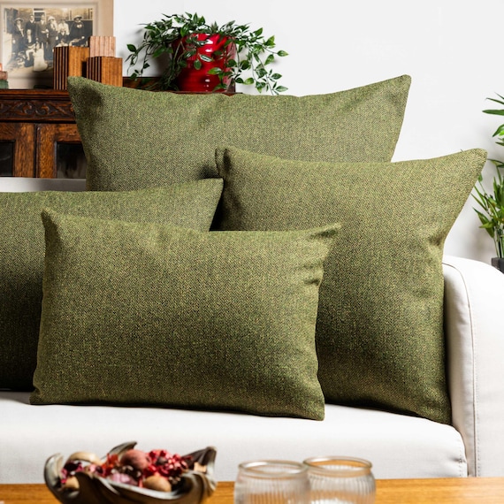 Classic Herringbone Tweed Boudoir Cushion in Vintage Green