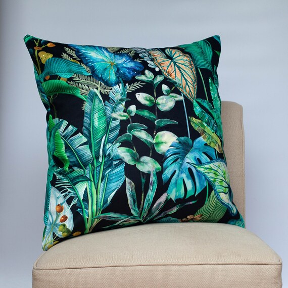 Supersoft Heavyweight Velvet Extra Large Cushion. Large Scale Exotic Jungle Leaves Pattern. Black and Tropical Teal Blue Green. 23x23